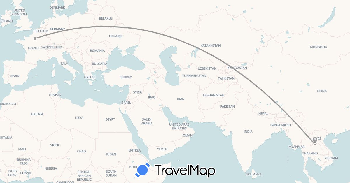 TravelMap itinerary: driving, plane in France, Laos (Asia, Europe)